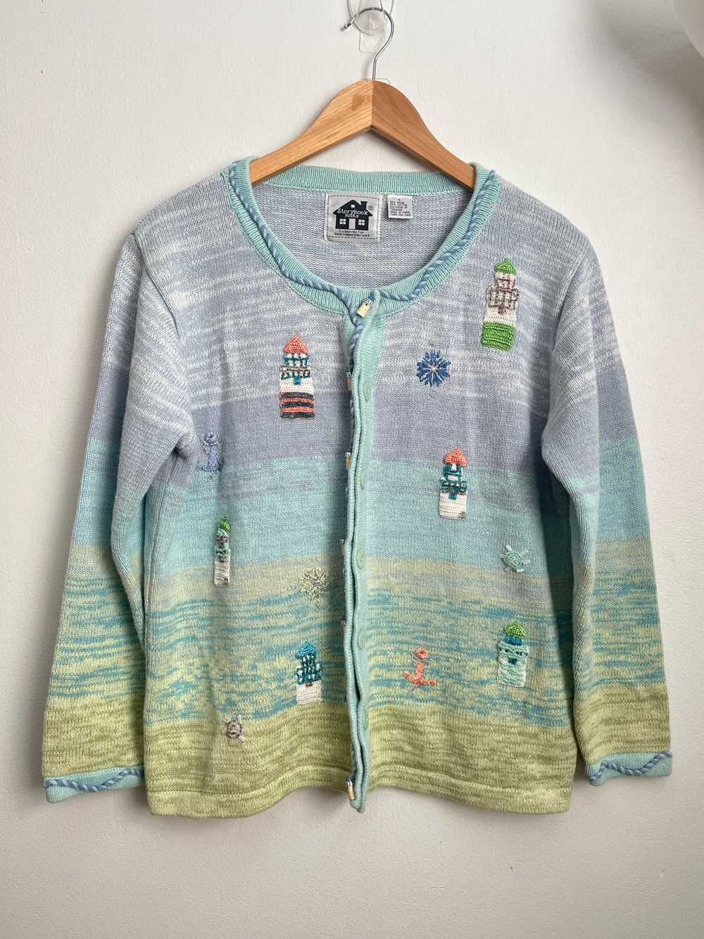 Storybook Knits Nautical Coastal Cardigan Embroidered Beaded Sweater.